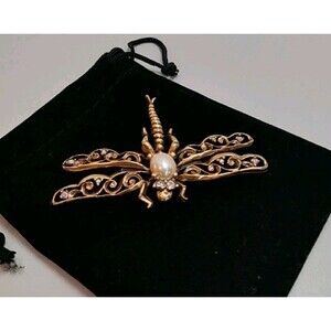 Oscar De La Renta Vintage Dragonfly Brooch With Faux Pearl & Crystals 2" Long...